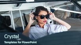  Presentation with airplane pilot - Amazing PPT theme having pretty young woman pilot backdrop and a ocean colored foreground