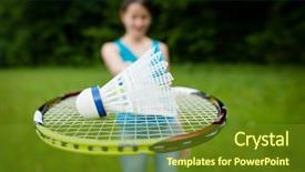  Presentation with sports badminton - Amazing PPT theme having pretty young woman playing badminton backdrop and a tawny brown colored foreground