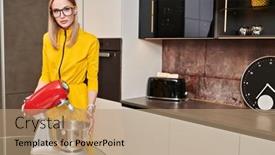  Presentation with kitchen furniture - Slide set enhanced with pretty-young-woman-preparing-dinner background and a coral colored foreground