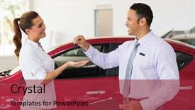  Presentation with dealership - Slide set consisting of pretty young woman receiving car background and a red colored foreground
