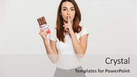  Presentation with white chocolate - PPT theme with pretty young woman showing silence background and a light gray colored foreground