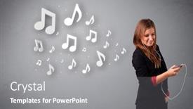  Presentation with listening woman - Slide set with pretty young woman singing and listening to music with musical notes getting out of her mouth background and a gray colored foreground