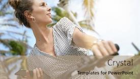  Presentation with outdoors - PPT theme enhanced with pretty-young-woman-sitting-outdoors background and a coral colored foreground