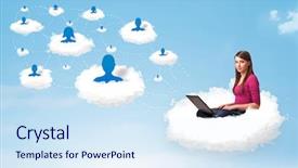  Presentation with cloud - Theme enhanced with pretty young woman sitting in cloud with laptop social network concept background and a sky blue colored foreground
