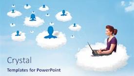  Presentation with cloud - Colorful slide deck enhanced with pretty young woman sitting in cloud with laptop social network concept backdrop and a sky blue colored foreground