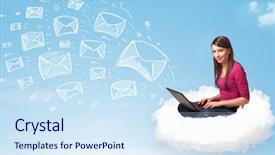  Presentation with cloud - PPT layouts featuring pretty young woman sitting in cloud with laptop sketched mails concept background and a sky blue colored foreground