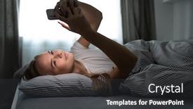  Presentation with phone addiction - Amazing PPT layouts having pretty-young-woman-sleeping backdrop and a dark gray colored foreground