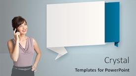  Presentation with next - Presentation theme consisting of pretty young woman standing next to modern origami copy space and making phone call background and a light blue colored foreground