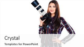  Presentation with summer camp pictures - Cool new presentation theme with pretty young woman taking pictures backdrop and a white colored foreground