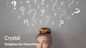  Presentation with question marks - Cool new presentation design with pretty young woman thinking with sketched question marks all over her head backdrop and a gray colored foreground