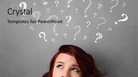  Presentation with question marks - Slide set having pretty young woman thinking with sketched question marks all over her head background and a light gray colored foreground