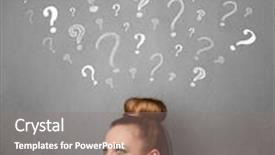  Presentation with question marks - Amazing theme having pretty young woman thinking with sketched question marks all over her head backdrop and a gray colored foreground