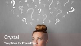  Presentation with question marks - Colorful slide set enhanced with pretty young woman thinking with sketched question marks all over her head backdrop and a gray colored foreground