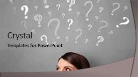  Presentation with question marks - Presentation theme having pretty young woman thinking with sketched question marks all over her head background and a light gray colored foreground