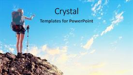  Presentation with mountain top - Theme enhanced with pretty young woman tourist standing background and a light blue colored foreground