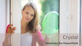  Presentation with windows - Presentation design consisting of pretty-young-woman-washing-windows background and a coral colored foreground