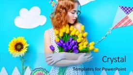  Presentation with tulips - PPT theme enhanced with pretty young woman with beautiful background and a cyan colored foreground