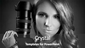  Presentation with military security camera monitoring - PPT theme featuring pretty young woman with camera background and a dark gray colored foreground