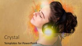  Presentation with listening woman - PPT theme having pretty young woman with headphones listening to music in front of a painted wall background and a yellow colored foreground