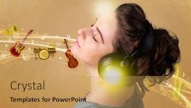  Presentation with music instruments - Slide set enhanced with pretty young woman with headphones listening to music instruments concept background and a yellow colored foreground
