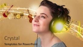  Presentation with music instruments - Cool new PPT theme with pretty young woman with headphones listening to music instruments concept backdrop and a coral colored foreground