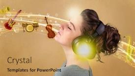  Presentation with music instruments - Amazing presentation design having pretty young woman with headphones listening to music instruments concept backdrop and a yellow colored foreground