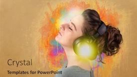  Presentation with listening woman - Amazing slide set having pretty young woman with headphones listening to music in front of a painted wall backdrop and a yellow colored foreground
