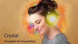  Presentation with listening woman - Amazing presentation having pretty young woman with headphones listening to music in front of a painted wall backdrop and a coral colored foreground
