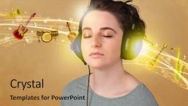  Presentation with music instruments - Colorful presentation theme enhanced with pretty young woman with headphones listening to music instruments concept backdrop and a coral colored foreground