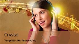  Presentation with music instruments - Amazing slides having pretty young woman with headphones listening to music instruments concept backdrop and a coral colored foreground