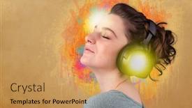  Presentation with listening woman - Colorful slides enhanced with pretty young woman with headphones listening to music in front of a painted wall backdrop and a coral colored foreground