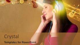  Presentation with music instruments - PPT theme featuring pretty young woman with headphones listening to music instruments concept background and a gold colored foreground