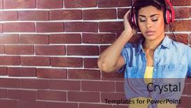  Presentation with red brick wall - Colorful PPT theme enhanced with pretty young woman with headphones leaning against a red brick wall backdrop and a tawny brown colored foreground