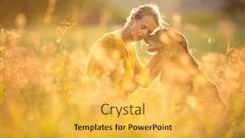  Presentation with black light - Presentation design with pretty young woman with her large black dog on a lovely sunlit meadow in warm evening light playing together background and a yellow colored foreground