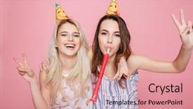  Presentation with pink birthday - Colorful PPT theme enhanced with pretty young women celebrating birthday backdrop and a coral colored foreground