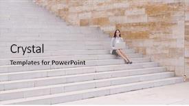 Presentation with steps - Cool new slide set with pretty young worker sitting on steps with laptop backdrop and a light gray colored foreground