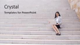  Presentation with steps - Colorful presentation theme enhanced with pretty young worker sitting on steps with laptop backdrop and a light gray colored foreground
