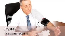  Presentation with blood pressure - Presentation design featuring preventative health - above view businessman measuring blood background and a coral colored foreground
