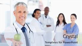  Presentation with team health - Presentation theme featuring preventative health - smiling doctor holding an apple background and a light blue colored foreground