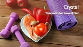  Presentation with burn - Beautiful PPT layouts featuring preventing burn - healthy food dumbbells and mat backdrop and a tawny brown colored foreground