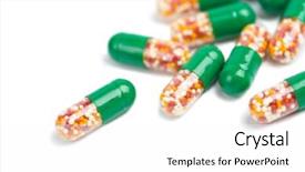  Presentation with pills - Presentation theme consisting of prevention green chemistry - capsule pills isolated background and a  colored foreground