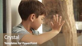  Presentation with children abuse - Beautiful PPT layouts featuring prevention victimization - little sad boy near window backdrop and a coral colored foreground