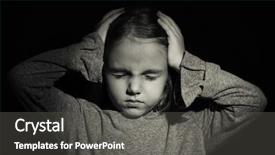  Presentation with children abuse - Presentation design featuring prevention victimization - little sad girl on black background and a dark gray colored foreground