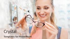  Presentation with eye glasses looking at world - Colorful slides enhanced with price - beautiful woman in optician store backdrop and a coral colored foreground