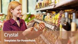  Presentation with barcode - Cool new PPT theme with price - young woman scanning barcode backdrop and a coral colored foreground