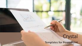  Presentation with spreadsheet data and business charts - Amazing presentation design having price list - business woman hand with financial backdrop and a  colored foreground