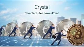  Presentation with bitcoin - Cool new slide set with price rise - businessman pushing bitcoin in cryptocurrency backdrop and a sky blue colored foreground