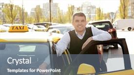  Presentation with car door - Slide deck enhanced with price tage - handsome taxi driver standing near background and a gray colored foreground