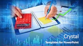  Presentation with calculator - Colorful slides enhanced with price volatility - investor man hands with calculator backdrop and a teal colored foreground