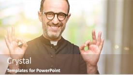  Presentation with relaxation - Amazing PPT layouts having priest religion man doing ok sign gesture with both hands expressing meditation and relaxation backdrop and a tawny brown colored foreground